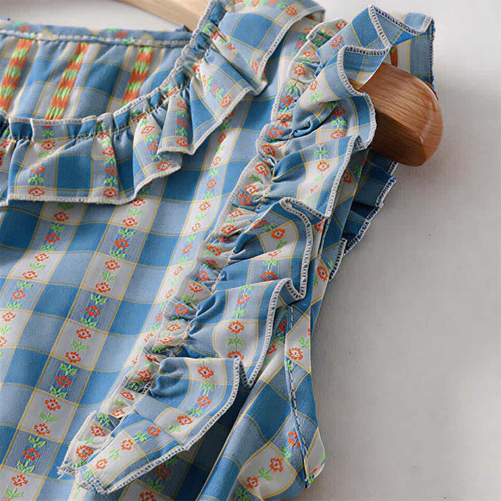 Buddha Stones Robe d'été sans manches à carreaux vichy pour femme, boutonnée et à cordon de serrage, avec poches - image 6