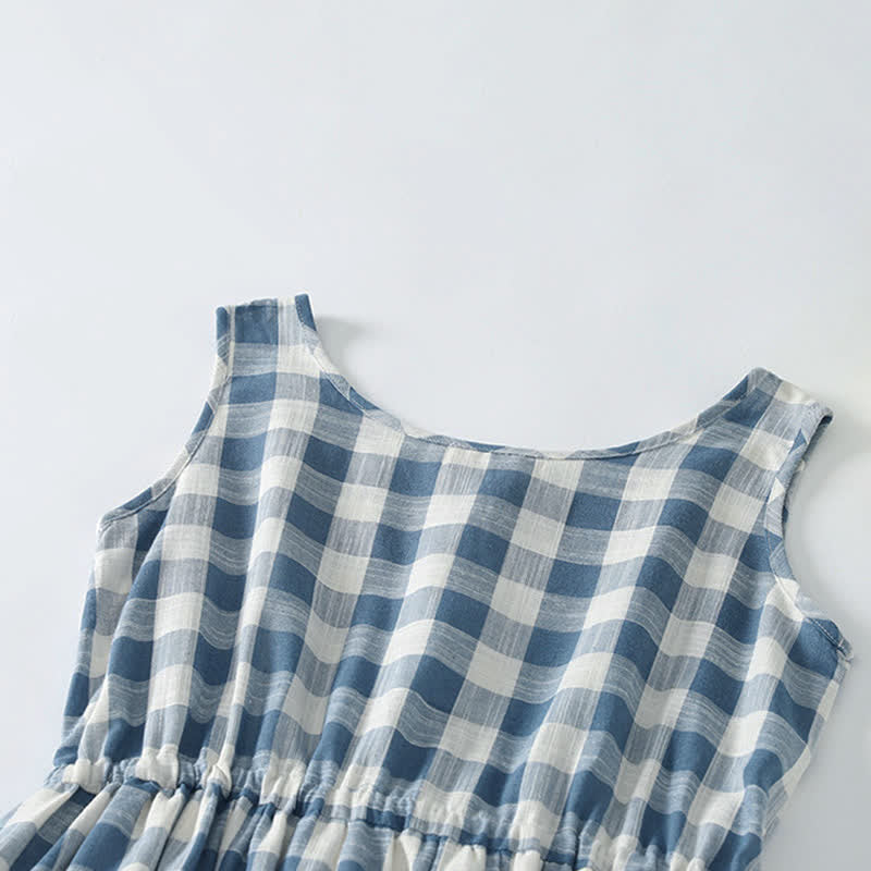 Buddha Stones Robe d'été décontractée à cordon de serrage, à carreaux vichy bleus et blancs, sans manches et avec poches, pour femme - image 1