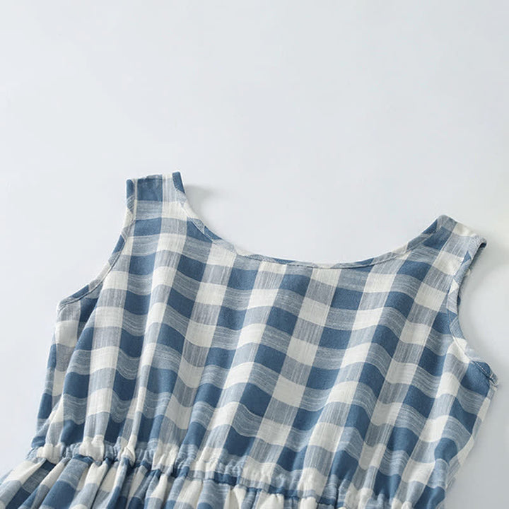 Buddha Stones Robe d'été décontractée à cordon de serrage, à carreaux vichy bleus et blancs, sans manches et avec poches, pour femme - image 1