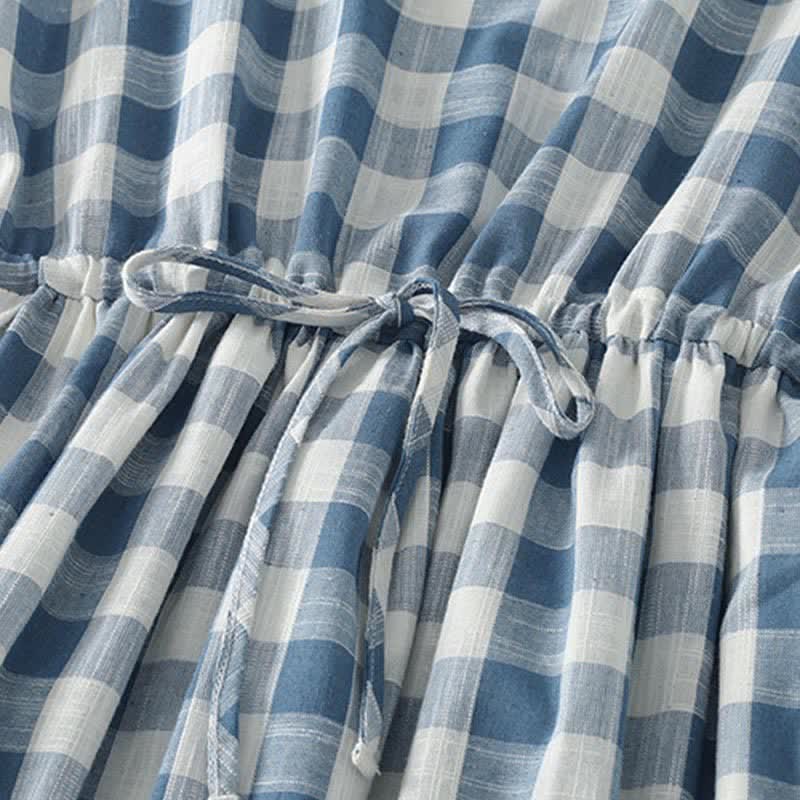 Buddha Stones Robe d'été décontractée à cordon de serrage, à carreaux vichy bleus et blancs, sans manches et avec poches, pour femme - image 4