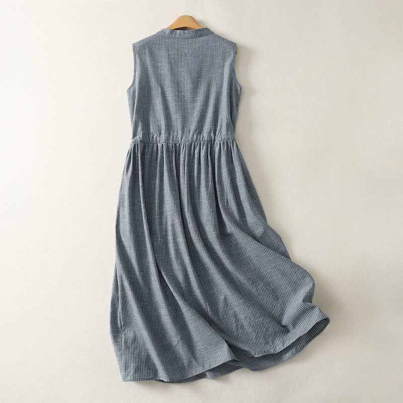 Buddha Stones Robe d'été minimaliste sans manches à rayures et boutons avec cordon de serrage pour femme - image 1