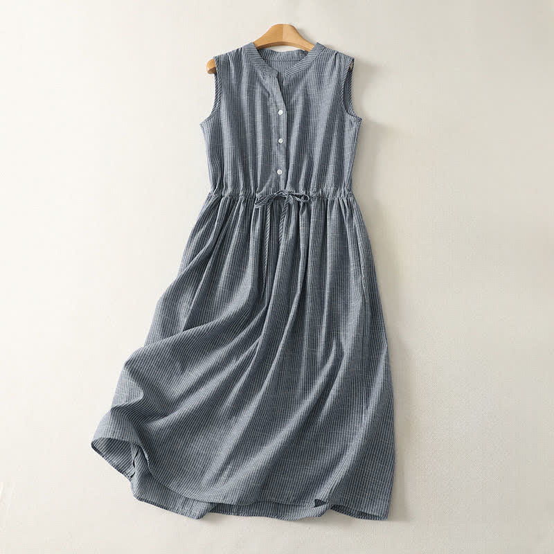 Buddha Stones Robe d'été minimaliste sans manches à rayures et boutons avec cordon de serrage pour femme - Gris ardoise - US12，UK/AU16，EU44 (2XL) - image 0