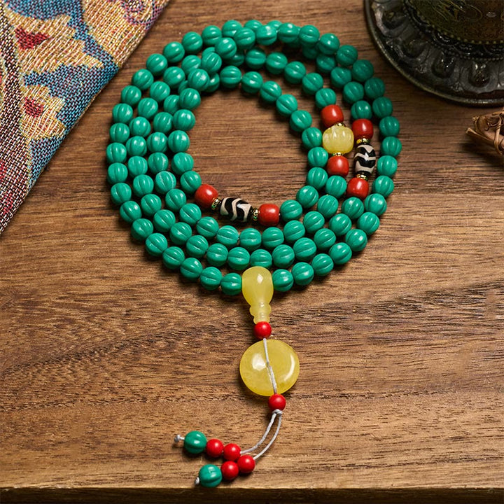 Buddha Stones Mala tibétain de 108 perles turquoise en forme de citrouille, perles Dzi, perles de pensée positive - 8 mm x 108 - image 0