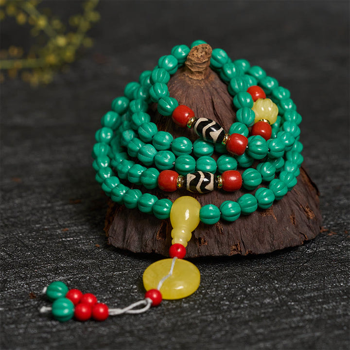 Buddha Stones Mala tibétain de 108 perles turquoise en forme de citrouille, perles Dzi, perles de pensée positive - image 1