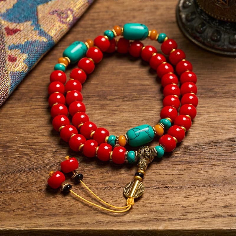Buddha Stones Bracelet de perles en agate rouge tibétaine turquoise « Confiance » - image 1