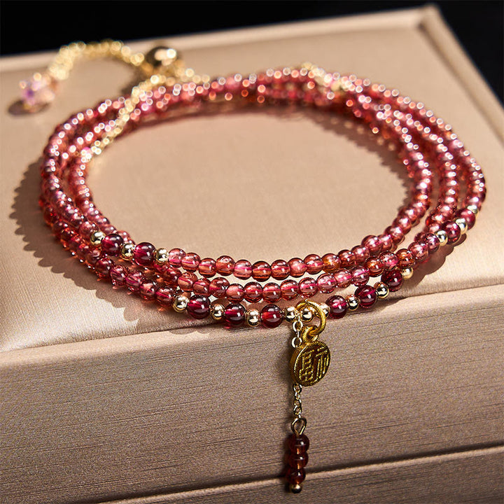 Buddha Stones Bracelet de purification triple tour en grenat naturel de 4 mm avec étoiles - Grenat (Tour de poignet : 14–15 cm) - image 0