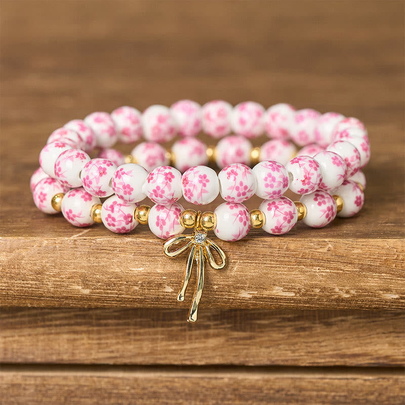 Buddha Stones Bracelet intérieur de la paix en porcelaine rose et blanche, orné d'un nœud papillon et de perles bleues et blanches - Rose (Tour de poignet : 15-16 cm) - image 6