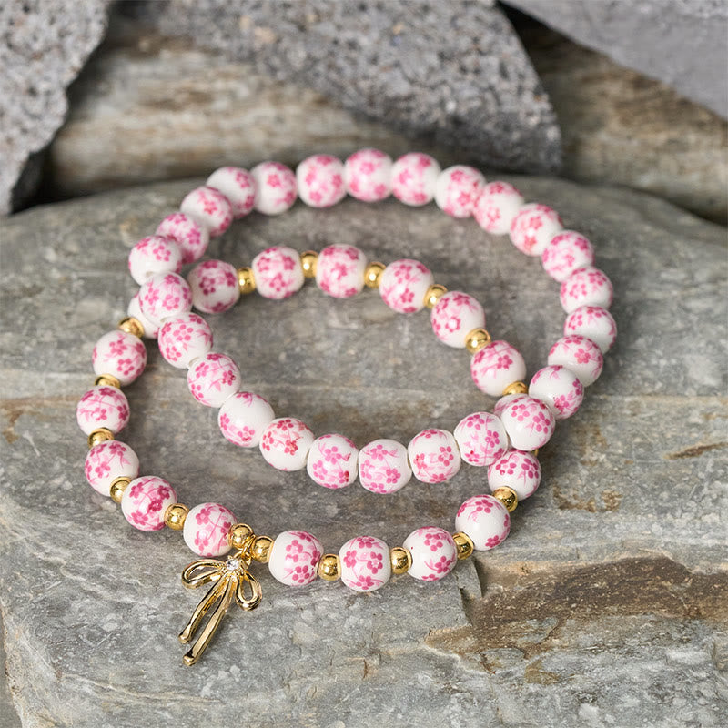 Buddha Stones Bracelet intérieur de la paix en porcelaine rose et blanche, orné d'un nœud papillon et de perles bleues et blanches - image 8
