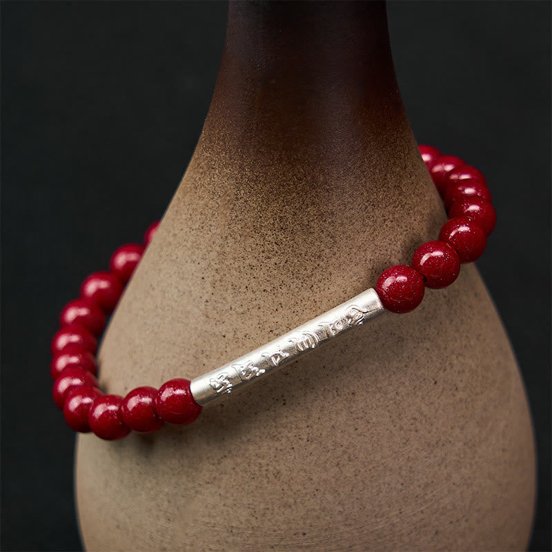 Buddha Stones Bracelet de sagesse Om Mani Padme Hum en argent sterling 999 et cinabre - image 11
