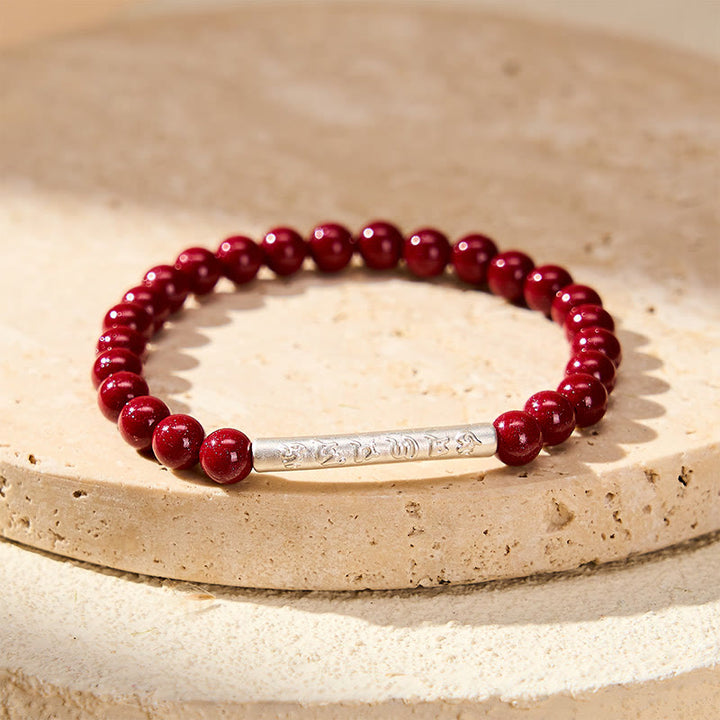 Buddha Stones Bracelet de sagesse Om Mani Padme Hum en argent sterling 999 et cinabre - image 10