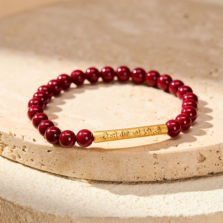 Buddha Stones Bracelet de sagesse Om Mani Padme Hum en argent sterling 999 et cinabre - image 1
