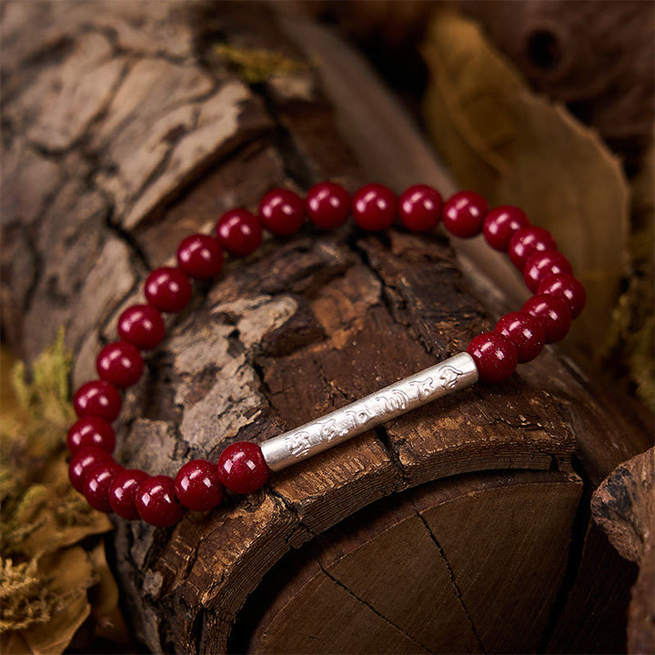 Buddha Stones Bracelet de sagesse Om Mani Padme Hum en argent sterling 999 et cinabre - image 13