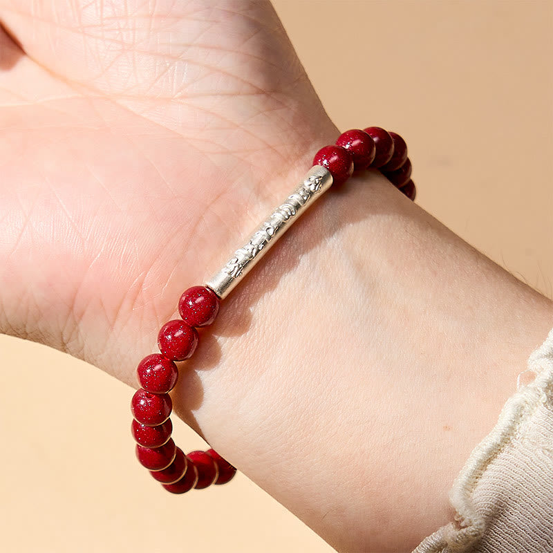 Buddha Stones Bracelet de sagesse Om Mani Padme Hum en argent sterling 999 et cinabre - image 12