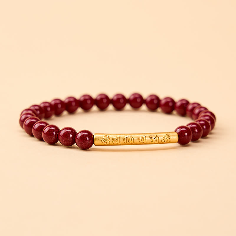 Buddha Stones Bracelet de sagesse Om Mani Padme Hum en argent sterling 999 et cinabre - Or cinabre (Tour de poignet : 14–15 cm) - image 0
