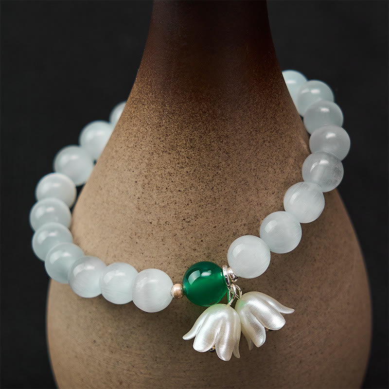 Buddha Stones Bracelet positif en perles rondes œil-de-chat blanches de 8 mm, motif muguet - image 5