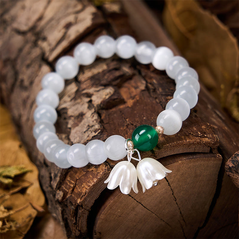 Buddha Stones Bracelet positif en perles rondes œil-de-chat blanches de 8 mm, motif muguet - image 4