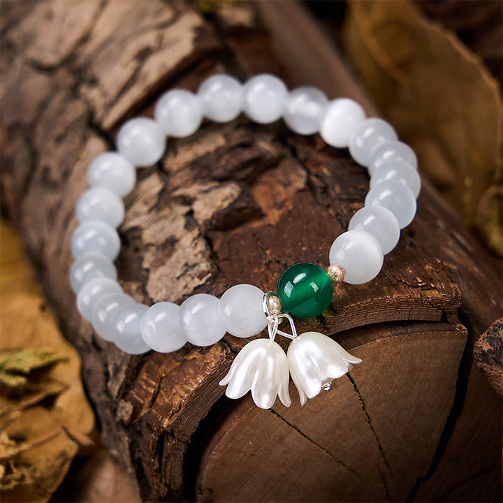 Buddha Stones Bracelet positif en perles rondes œil-de-chat blanches de 8 mm, motif muguet - image 4