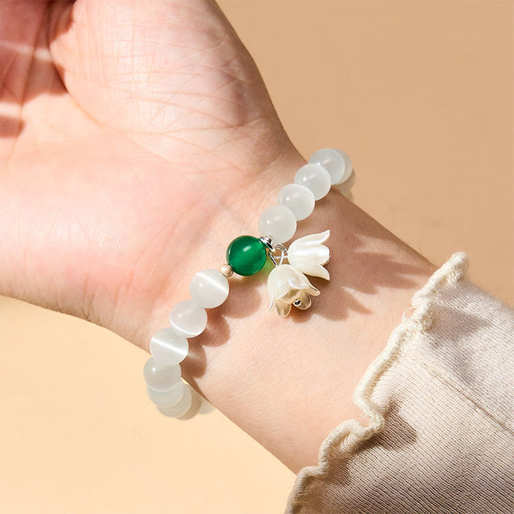 Buddha Stones Bracelet positif en perles rondes œil-de-chat blanches de 8 mm, motif muguet - image 2