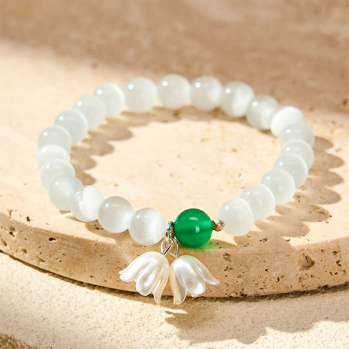 Buddha Stones Bracelet positif en perles rondes œil-de-chat blanches de 8 mm, motif muguet - Œil de chat blanc (Tour de poignet 15–16 cm) - image 0