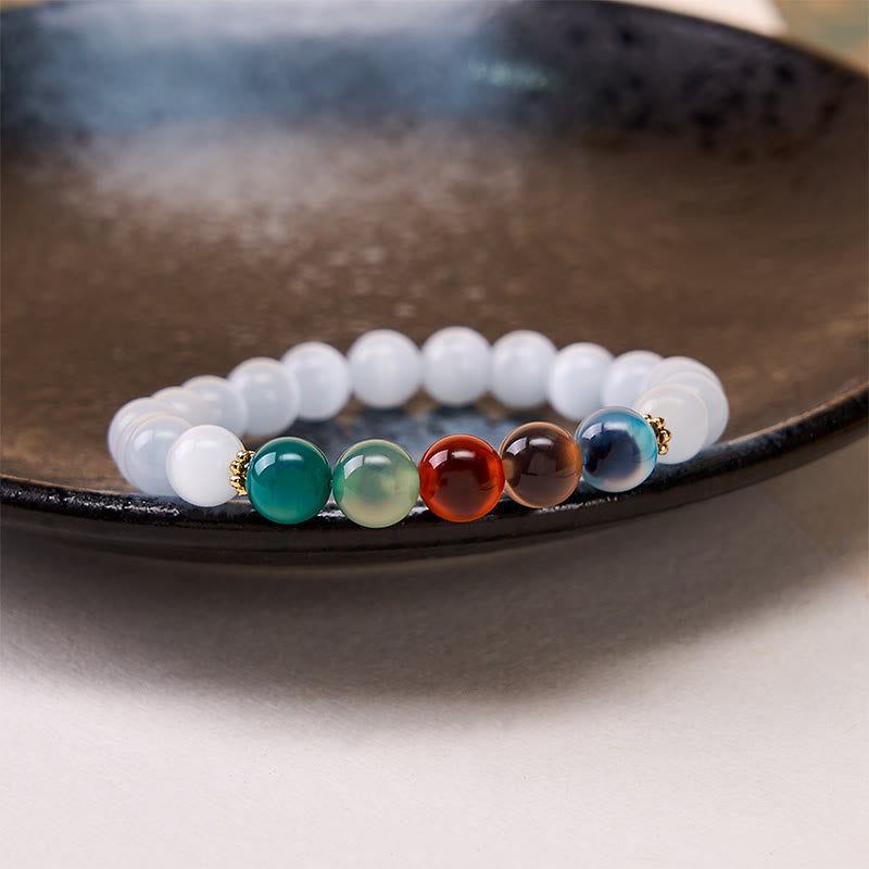 Buddha Stones Bracelet d'abondance en agate œil de chat blanc et colorée - image 2