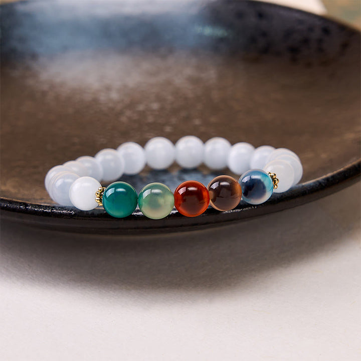 Buddha Stones Bracelet d'abondance en agate œil de chat blanc et colorée - image 2