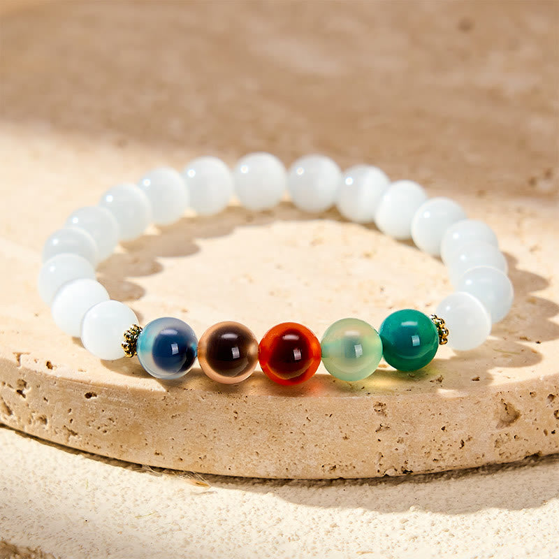 Buddha Stones Bracelet d'abondance en agate œil de chat blanc et colorée - Agate bonbon œil-de-chat blanche (tour de poignet 15–16 cm) - image 0