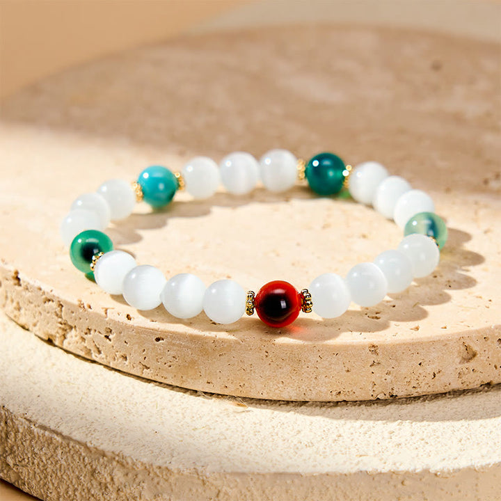 Buddha Stones Bracelet d'abondance en agate œil de chat blanc et colorée - Agate bonbon œil de chat blanc espacée (tour de poignet 15–16 cm) - image 8
