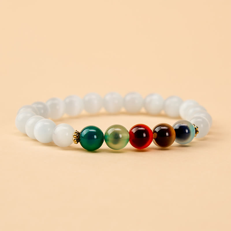 Buddha Stones Bracelet d'abondance en agate œil de chat blanc et colorée - image 1