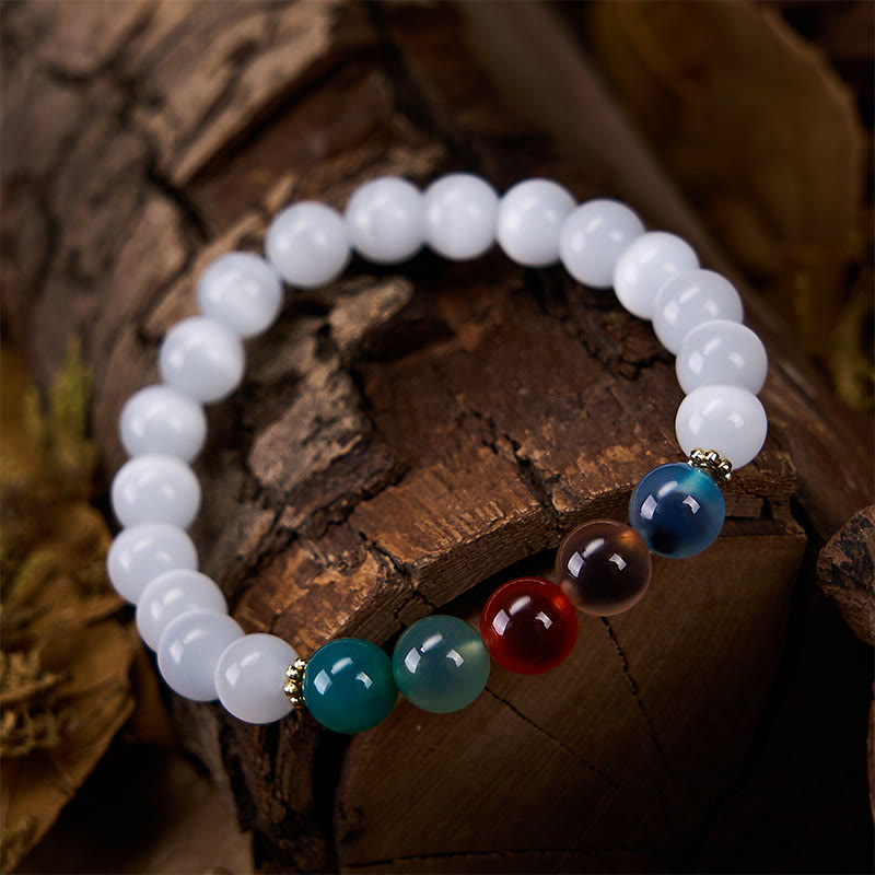 Buddha Stones Bracelet d'abondance en agate œil de chat blanc et colorée - image 3