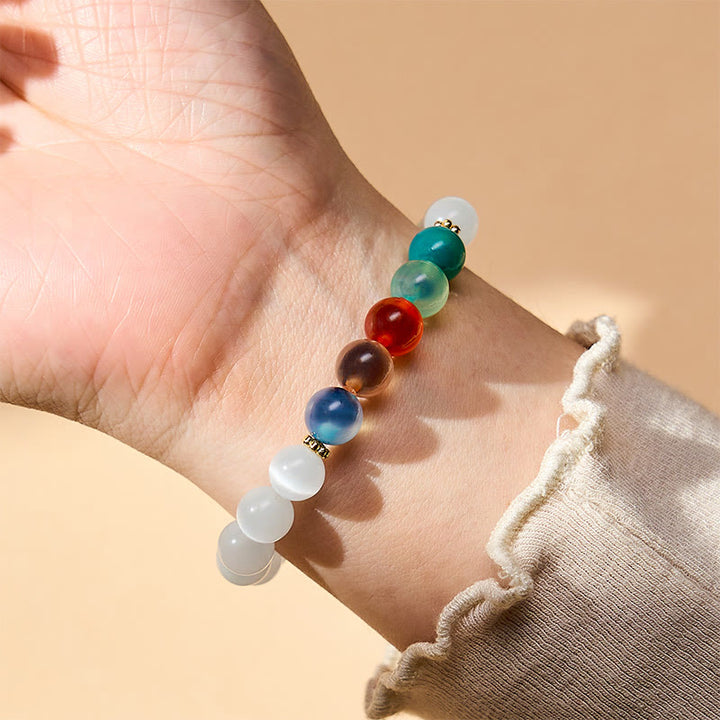 Buddha Stones Bracelet d'abondance en agate œil de chat blanc et colorée - image 5