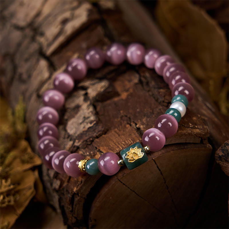 Buddha Stones Bracelet d'illumination à œil de chat violet et symbole de lotus - image 4