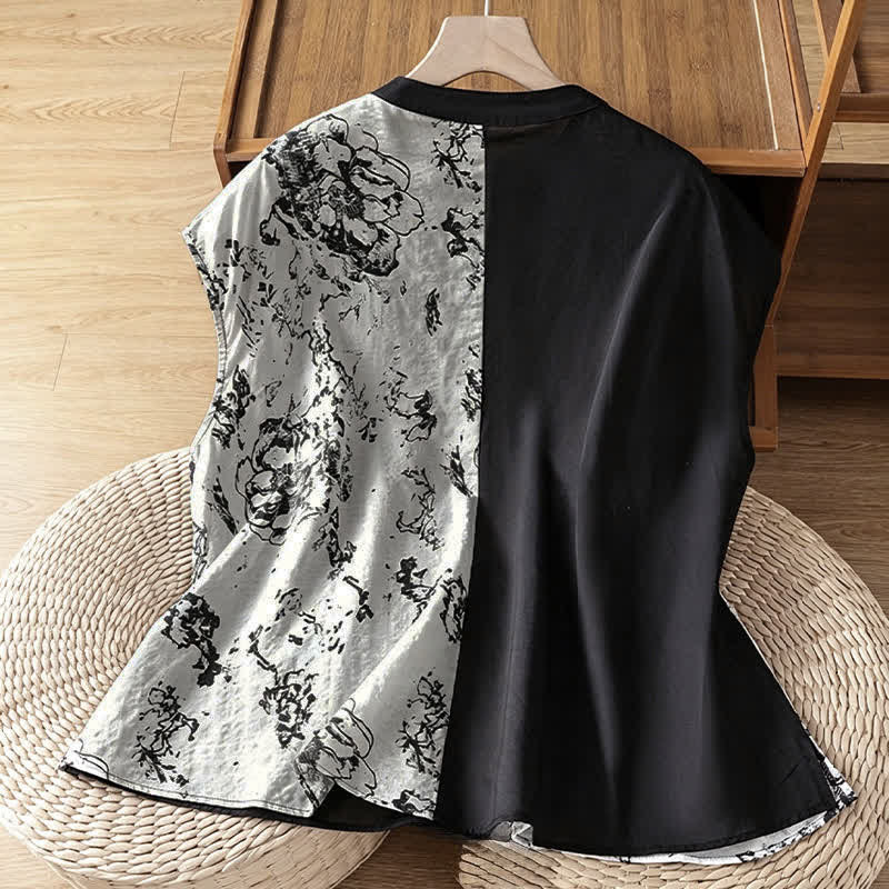 Buddha Stones Chemises sans manches d'été minimalistes pour femmes, col mandarin et imprimé floral asymétrique - image 1