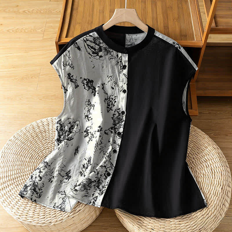 Buddha Stones Chemises sans manches d'été minimalistes pour femmes, col mandarin et imprimé floral asymétrique - Blanc - US12，UK/AU16，EU44 (2XL) - image 0