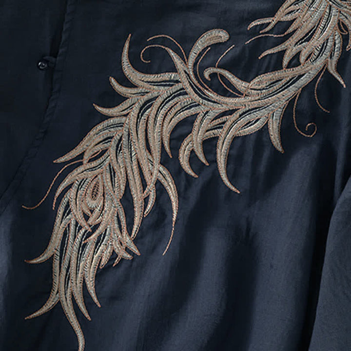 Buddha Stones Chemise à manches courtes pour femme, style vintage printemps, ornée de plumes brodées et d'un col mandarin uni. - image 4
