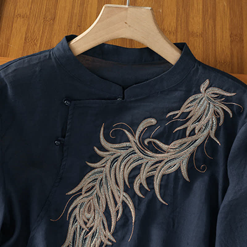 Buddha Stones Chemise à manches courtes pour femme, style vintage printemps, ornée de plumes brodées et d'un col mandarin uni. - image 2