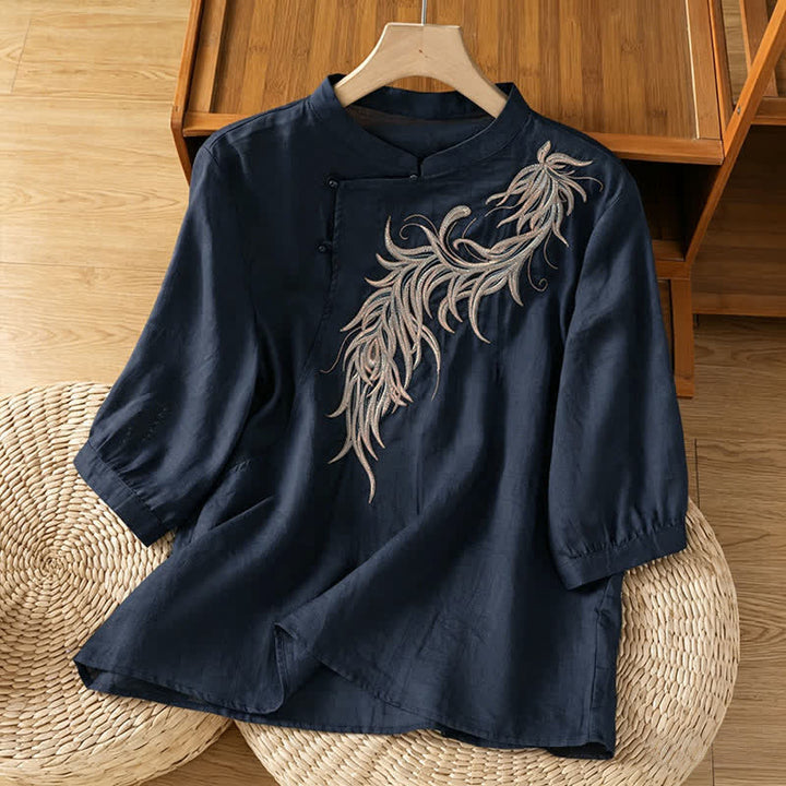 Buddha Stones Chemise à manches courtes pour femme, style vintage printemps, ornée de plumes brodées et d'un col mandarin uni. - Bleu nuit - US8-10，UK/AU12-14，EU40-42 (2XL) - image 0