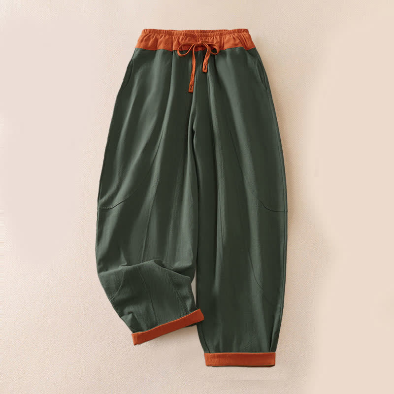 Buddha Stones Pantalon harem décontracté de printemps en coton uni avec cordon de serrage et poches pour femme - Vert forêt - US16，UK/AU20，EU48 (3XL) - image 0