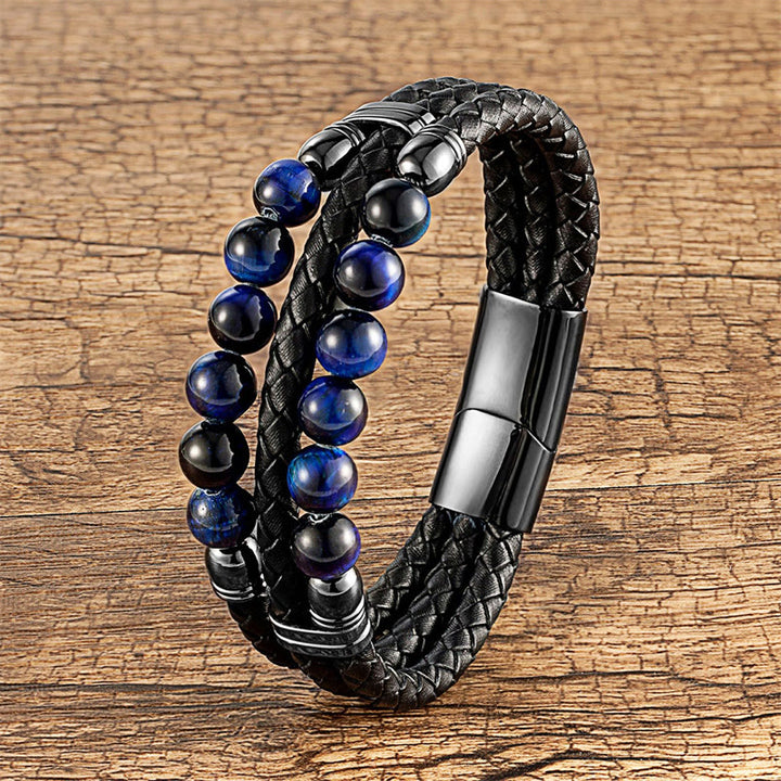 Bracelet en cuir avec Buddha Stones , œil de tigre, hématite, roche de lave, onyx noir, lazurite et perles de lapis-lazuli, pour une protection et une force renforcées - Œil de tigre bleu - 18-22 cm - image 0