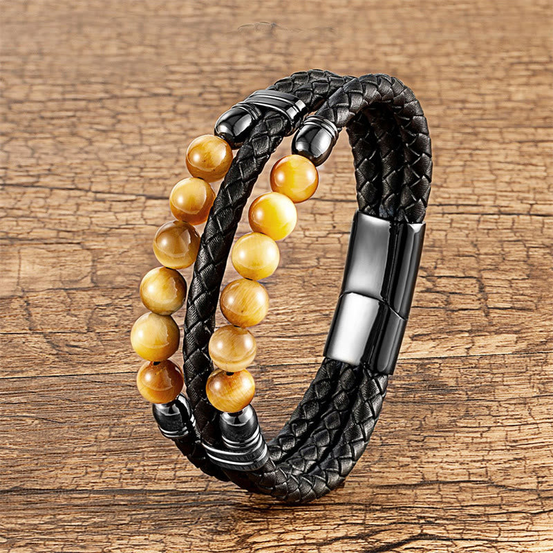 Bracelet en cuir avec Buddha Stones , œil de tigre, hématite, roche de lave, onyx noir, lazurite et perles de lapis-lazuli, pour une protection et une force renforcées - Œil de tigre jaune - 18-22 cm - image 2