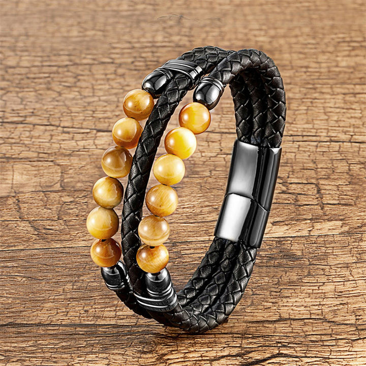 Bracelet en cuir avec Buddha Stones , œil de tigre, hématite, roche de lave, onyx noir, lazurite et perles de lapis-lazuli, pour une protection et une force renforcées - Œil de tigre jaune - 18-22 cm - image 2