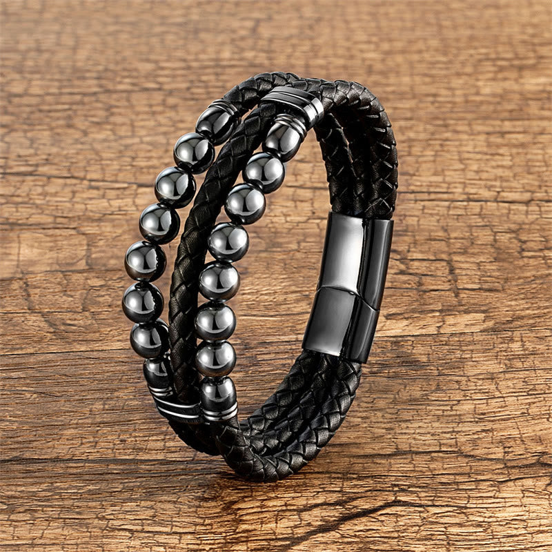 Bracelet en cuir avec Buddha Stones , œil de tigre, hématite, roche de lave, onyx noir, lazurite et perles de lapis-lazuli, pour une protection et une force renforcées - Hématite - 18-22 cm - image 5