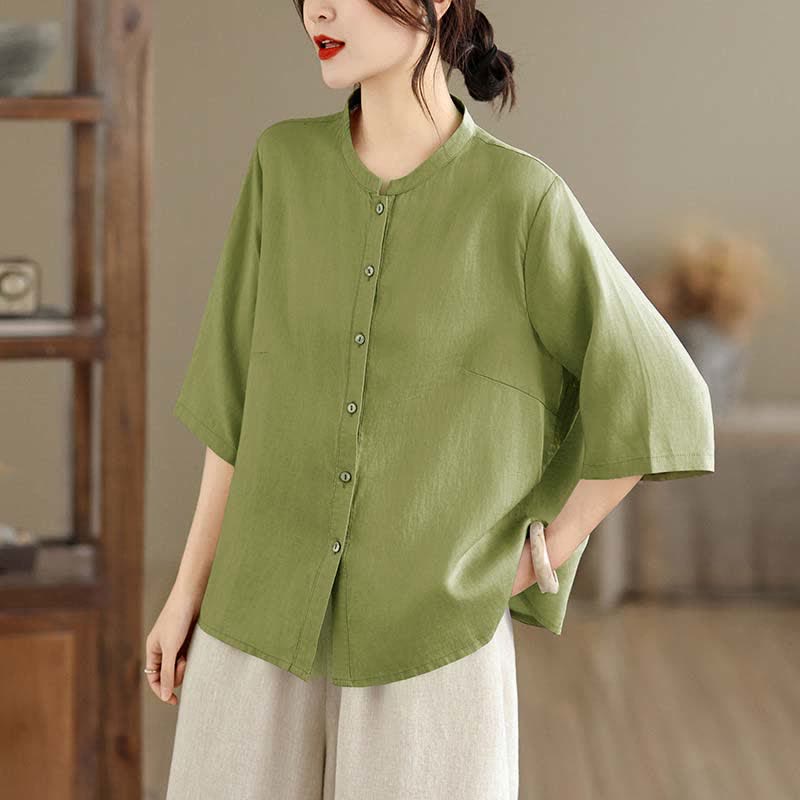 Buddha Stones Chemises d'été minimalistes à manches courtes pour femmes, col mandarin boutonné et fente latérale unie - image 3