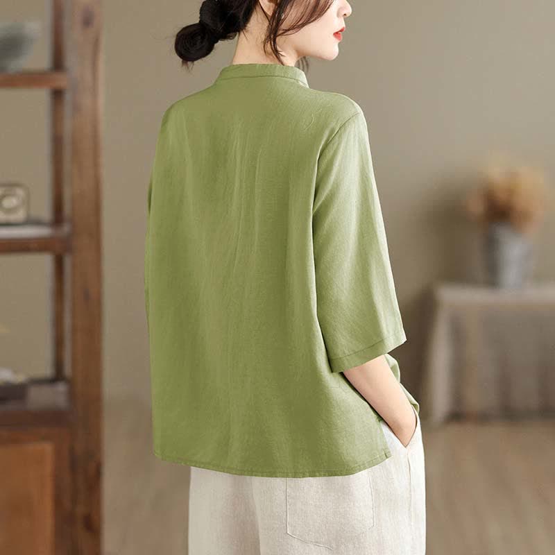 Buddha Stones Chemises d'été minimalistes à manches courtes pour femmes, col mandarin boutonné et fente latérale unie - image 1