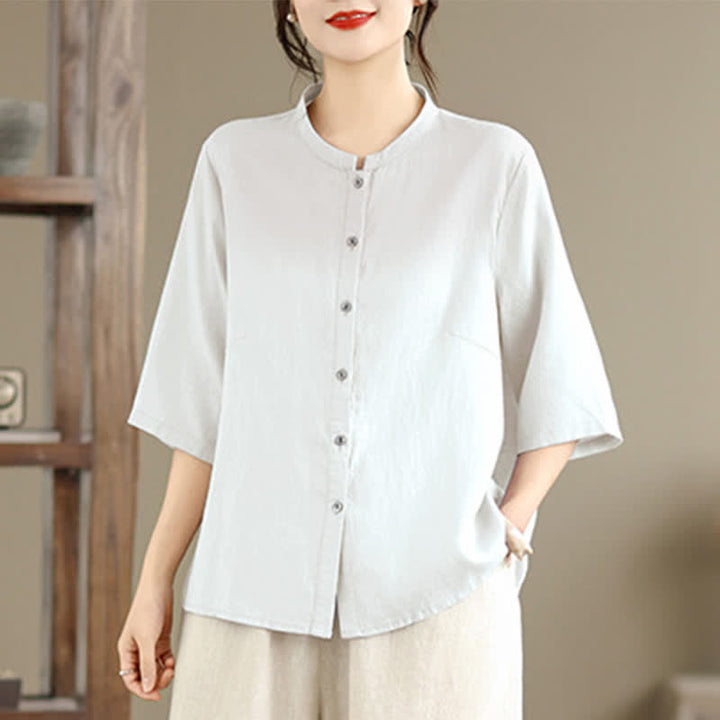 Buddha Stones Chemises d'été minimalistes à manches courtes pour femmes, col mandarin boutonné et fente latérale unie - image 17