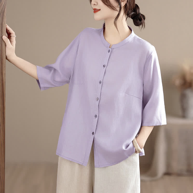 Buddha Stones Chemises d'été minimalistes à manches courtes pour femmes, col mandarin boutonné et fente latérale unie - image 8