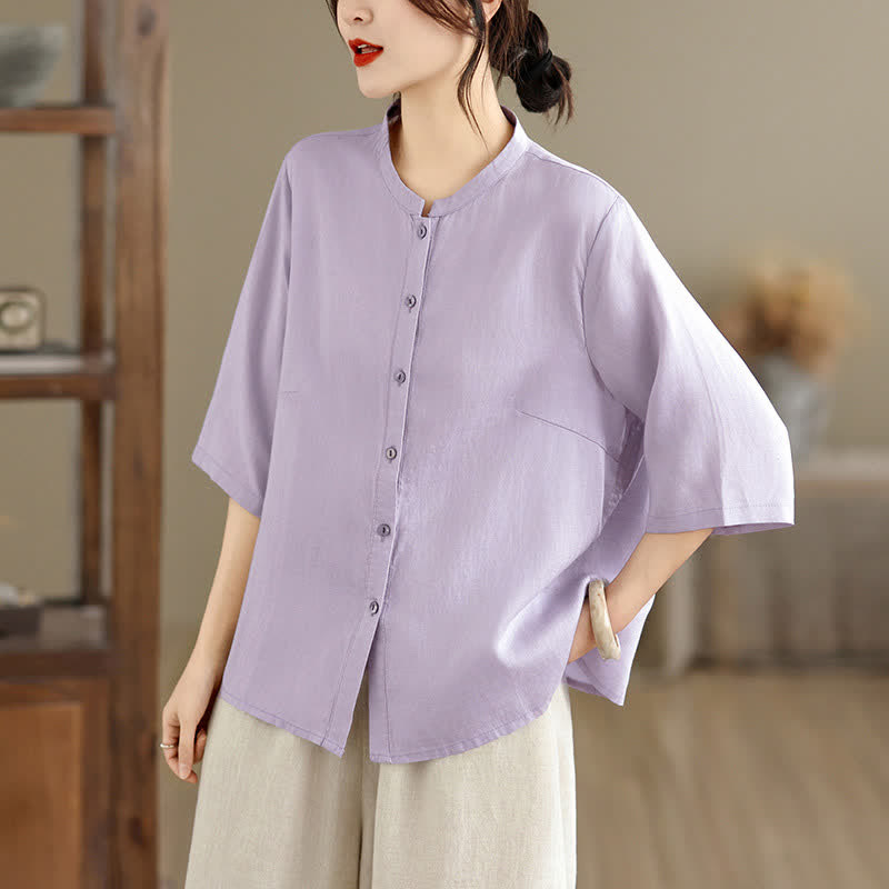 Buddha Stones Chemises d'été minimalistes à manches courtes pour femmes, col mandarin boutonné et fente latérale unie - image 11