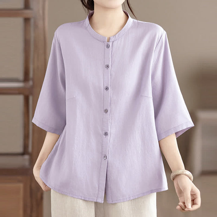 Buddha Stones Chemises d'été minimalistes à manches courtes pour femmes, col mandarin boutonné et fente latérale unie - Lavande - US8-10，UK/AU12-14，EU40-42 (2XL) - image 4