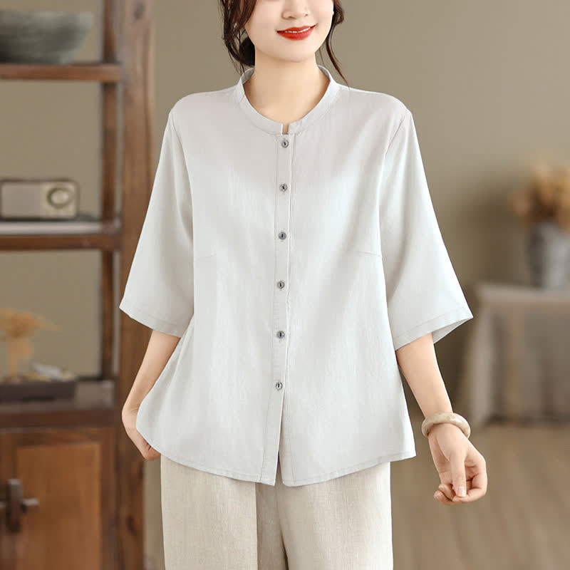 Buddha Stones Chemises d'été minimalistes à manches courtes pour femmes, col mandarin boutonné et fente latérale unie - WhiteSmoke - US8-10，UK/AU12-14，EU40-42 (2XL) - image 16