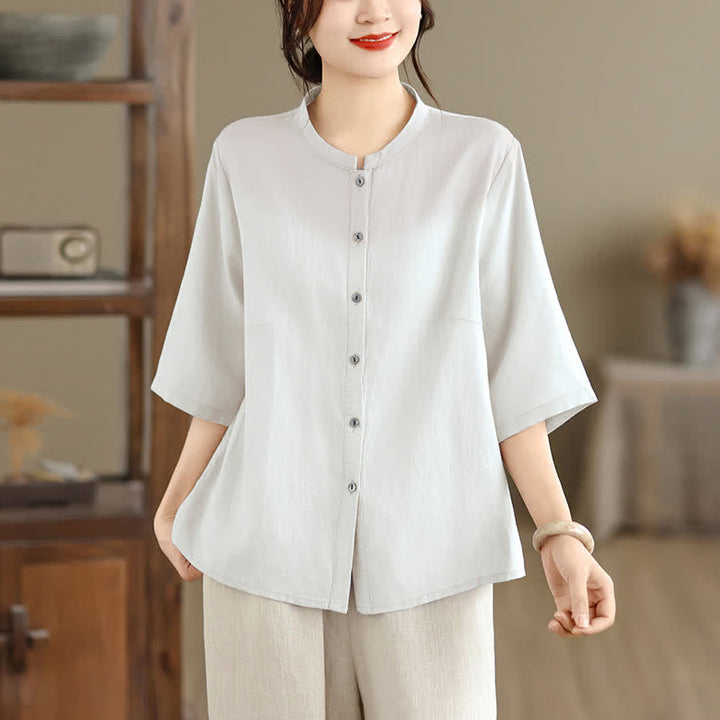 Buddha Stones Chemises d'été minimalistes à manches courtes pour femmes, col mandarin boutonné et fente latérale unie - WhiteSmoke - US8-10，UK/AU12-14，EU40-42 (2XL) - image 16