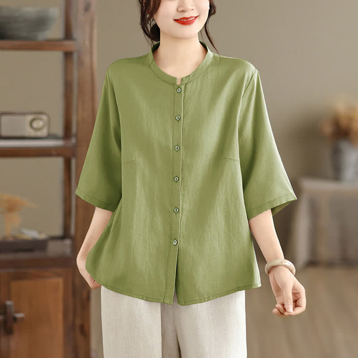 Buddha Stones Chemises d'été minimalistes à manches courtes pour femmes, col mandarin boutonné et fente latérale unie - Vert foncé - US8-10，UK/AU12-14，EU40-42 (2XL) - image 0